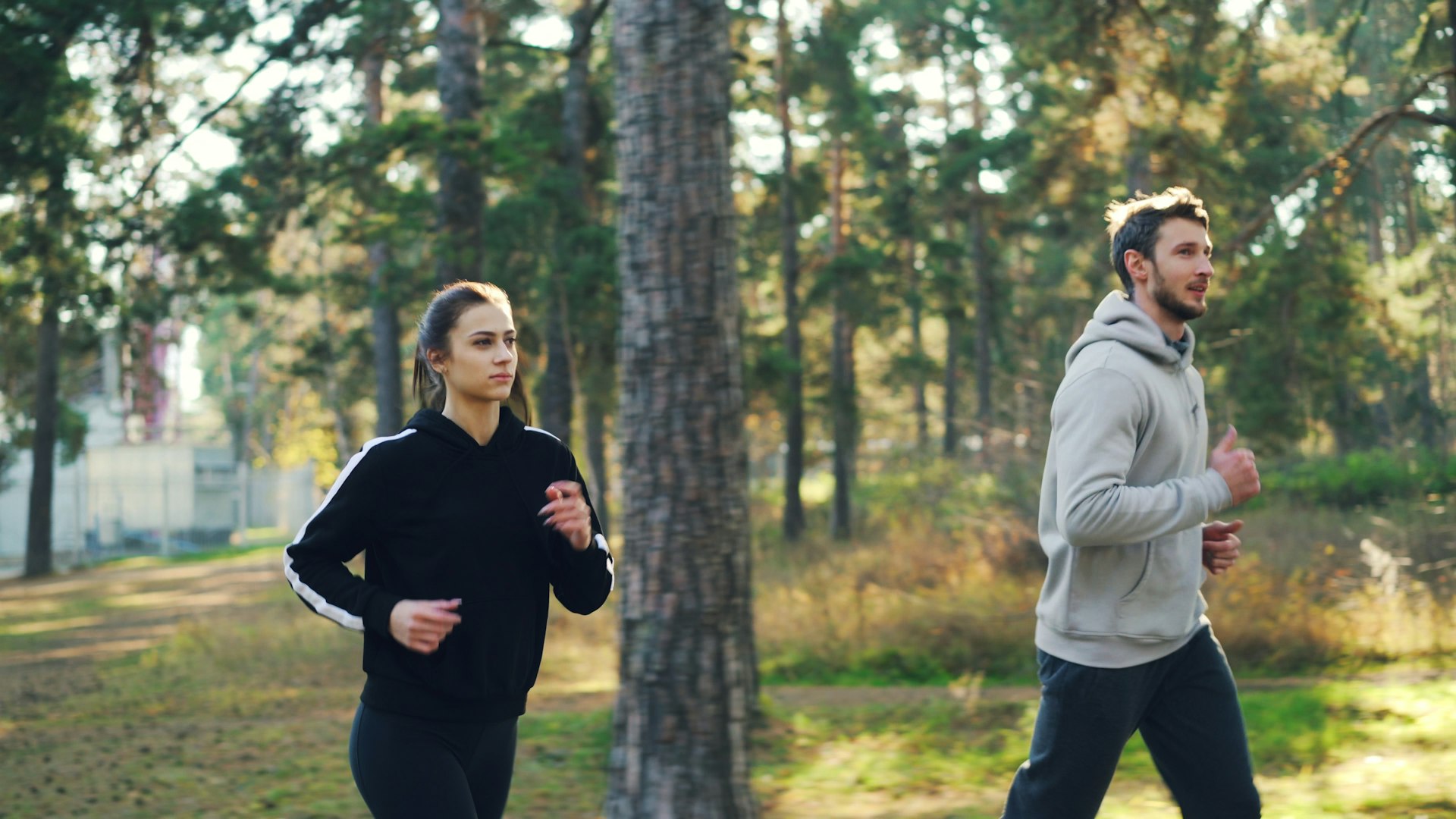 A man and woman jogging together through a sunny park