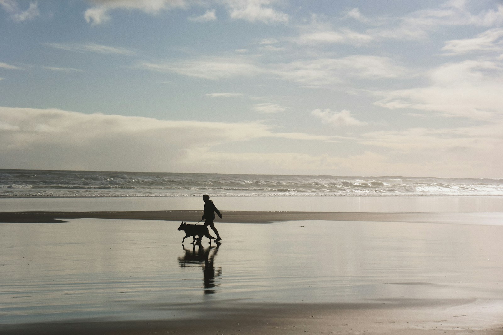 A couple walking along a New Zealand beach at low tide